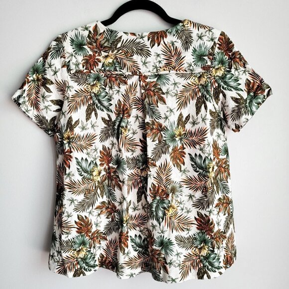 Mo:Vint Cream Floral Leaves Linen Cotton Blend Vintage Boho Swing Flared Top - Picture 7 of 8